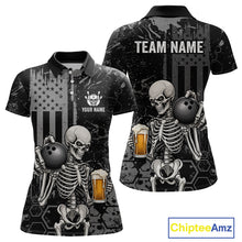 Load image into Gallery viewer, Front and back views of a black short-sleeve polo shirt with a distressed graphic print featuring two skeletons holding bowling balls and beer glasses, with customizable text areas on the chest and back, shown on a white background with a ChipteeAmz logo in the corner.