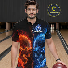 Load image into Gallery viewer, Men’s fire lightning skull bowling polo shirt, front view on male model in bowling lane 