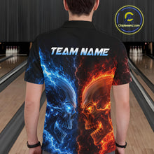 Load image into Gallery viewer, Men’s fire lightning skull bowling polo shirt, back view on male model in bowling lane 
