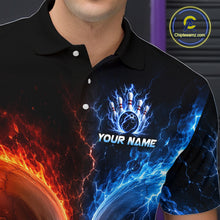 Load image into Gallery viewer, Men’s fire lightning skull bowling polo shirt with custom name, angled front view showing custom team design 
