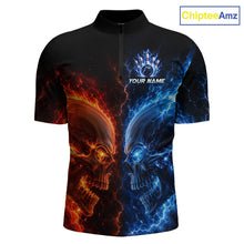 Load image into Gallery viewer, Custom fire lightning skull bowling jersey for men, personalized team bowling quarter zip shirt front view