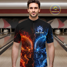 Load image into Gallery viewer, Men’s fire lightning skull bowling quarter zip shirt, front view on male model in bowling lane 