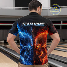 Load image into Gallery viewer, Men’s fire lightning skull bowling quarter zip shirt, back view on male model in bowling lane 