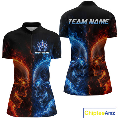 Custom fire lightning skull bowling jersey for women, custom team bowling quarter zip shirt front view and back view