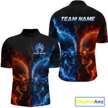 Load image into Gallery viewer, Custom fire lightning skull bowling jersey for men, custom team bowling quarter zip shirt front view and back view