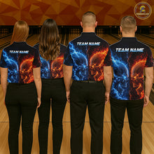 Load image into Gallery viewer, Group of bowlers in fire lightning skull team shirts, personalized bowling uniforms back view.