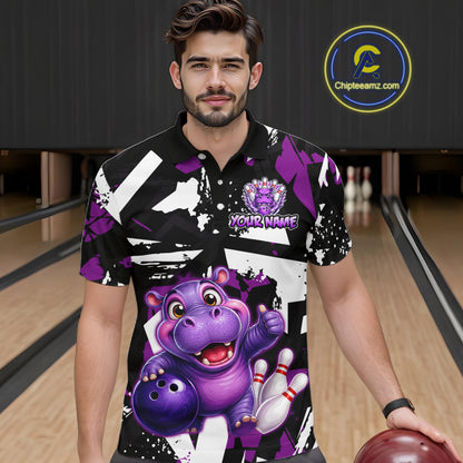 Man wearing a bowling polo shirt featuring a cheerful purple hippo mascot holding a bowling ball, with custom player name text.