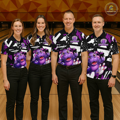 Four people wearing wearing of a black, white, and purple bowling quarter zip shirt featuring a cheerful purple hippo holding a bowling ball, with custom team name text.
