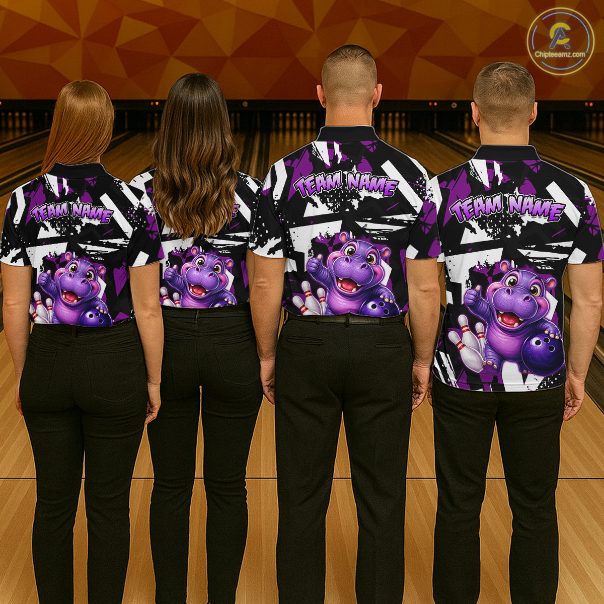 Four-person bowling team wearing bowling polo shirt featuring a cheerful purple hippo holding a bowling ball