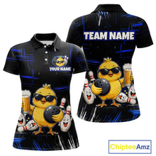 Load image into Gallery viewer, Front and back bowling polo shirt featuring a chick holding a bowling ball surrounded by smiling pins and beer graphics on black yellow background.