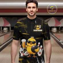 Load image into Gallery viewer, Man wearing a black bowling quarter zip featuring a sunglasses-wearing yellow chick holding a bowling ball and beer, surrounded by smiling bowling pins, with personalized name and team name text.