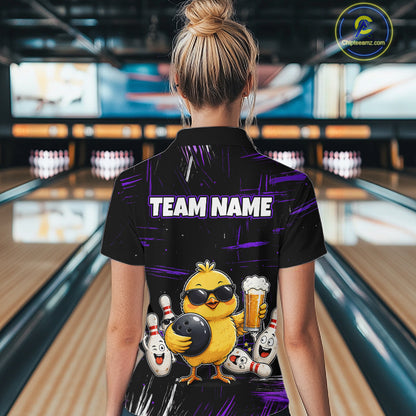Women wearing bowling polo shirt featuring a chick holding a bowling ball surrounded by smiling pins and beer graphics on black yellow background.