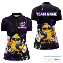 Load image into Gallery viewer, Front and back bowling quarter zip shirt featuring a chick holding a bowling ball surrounded by smiling pins and beer graphics on black yellow background.