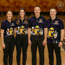 Load image into Gallery viewer, Four people wearing black bowling polo featuring a sunglasses-wearing yellow chick holding a bowling ball and beer, surrounded by smiling bowling pins, with personalized name and team name text.