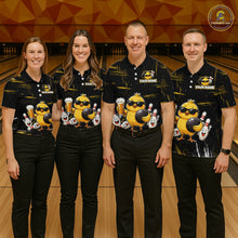 Load image into Gallery viewer, Four people wearing bowling polo shirt featuring a chick holding a bowling ball surrounded by smiling pins and beer graphics on black yellow background.