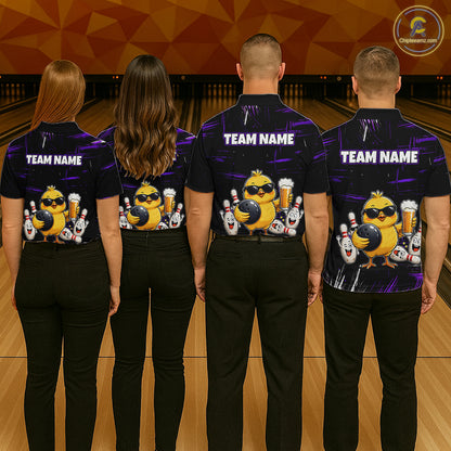 Four people wearing bowling polo shirt featuring a chick holding a bowling ball surrounded by smiling pins and beer graphics on black yellow background.