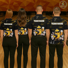 Load image into Gallery viewer, Four people wearing bowling polo shirt featuring a chick holding a bowling ball surrounded by smiling pins and beer graphics on black yellow background.