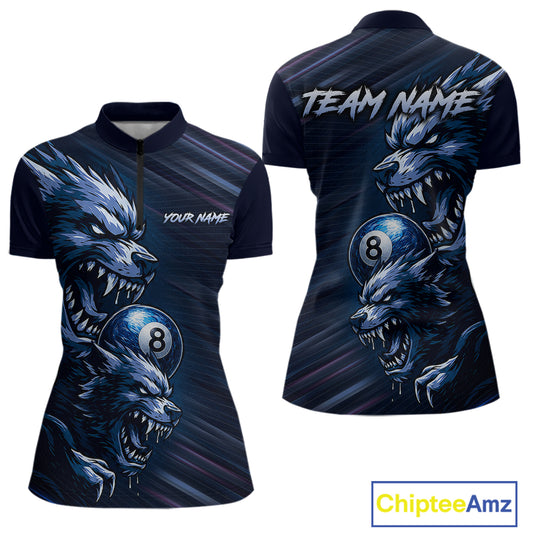 Custom Blue Wolf 8 Ball Billiard Shirts for Women Billiard Team Jerseys Billiard League NNT274