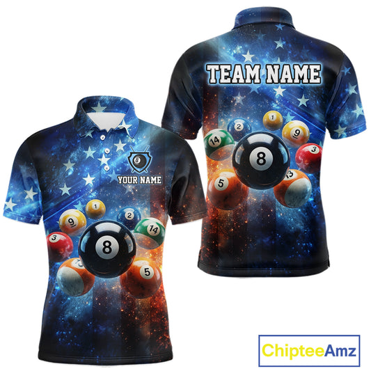 Two polo shirts with billiard ball design on a white background, featuring 'Team Name' and 'Your Name' text.