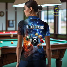Load image into Gallery viewer, Woman wearing a shirt with pool ball design and 'Team Name' text in a billiards room.