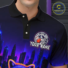 Load image into Gallery viewer, Bowling polo shirt featuring a raccoon holding a bowling ball framed by pins with purple city skyline background.
