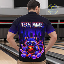 Load image into Gallery viewer, Man wearing bowling quarter zip shirt featuring a raccoon holding a bowling ball framed by pins with purple city skyline background.