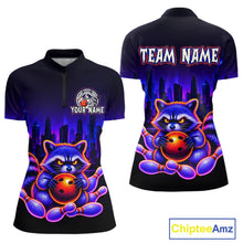 Load image into Gallery viewer, Front and back bowling quarter zip shirt featuring a raccoon holding a bowling ball framed by pins with purple city skyline background.