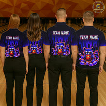 Load image into Gallery viewer, Four people wearing bowling polo shirt featuring a raccoon holding a bowling ball framed by pins with purple city skyline background.