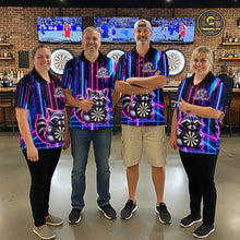 Load image into Gallery viewer, Four people wearing darts polo shirt featuring a raccoon holding a dartboard framed by neon light effects on a black background.