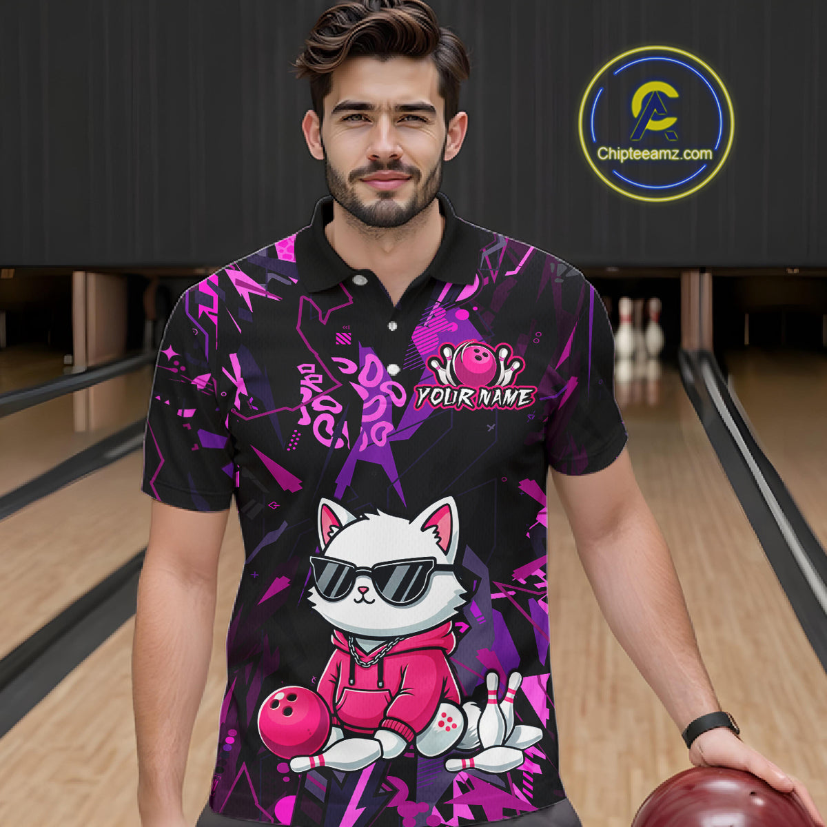Custom Funny Cat Bowling Bowling Jersey for Men Bowling Team Shirts Polo & 1/4 Zip HNT194