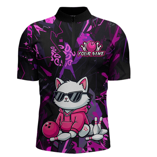Custom Funny Cat Bowling Bowling Jersey for Men Bowling Team Shirts Polo & 1/4 Zip HNT194
