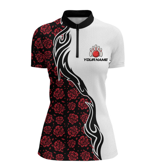 Custom Red Rose Flowers Bowling Jersey for Women Polo & 1/4 Zip Bowling Team Shirts HNT212