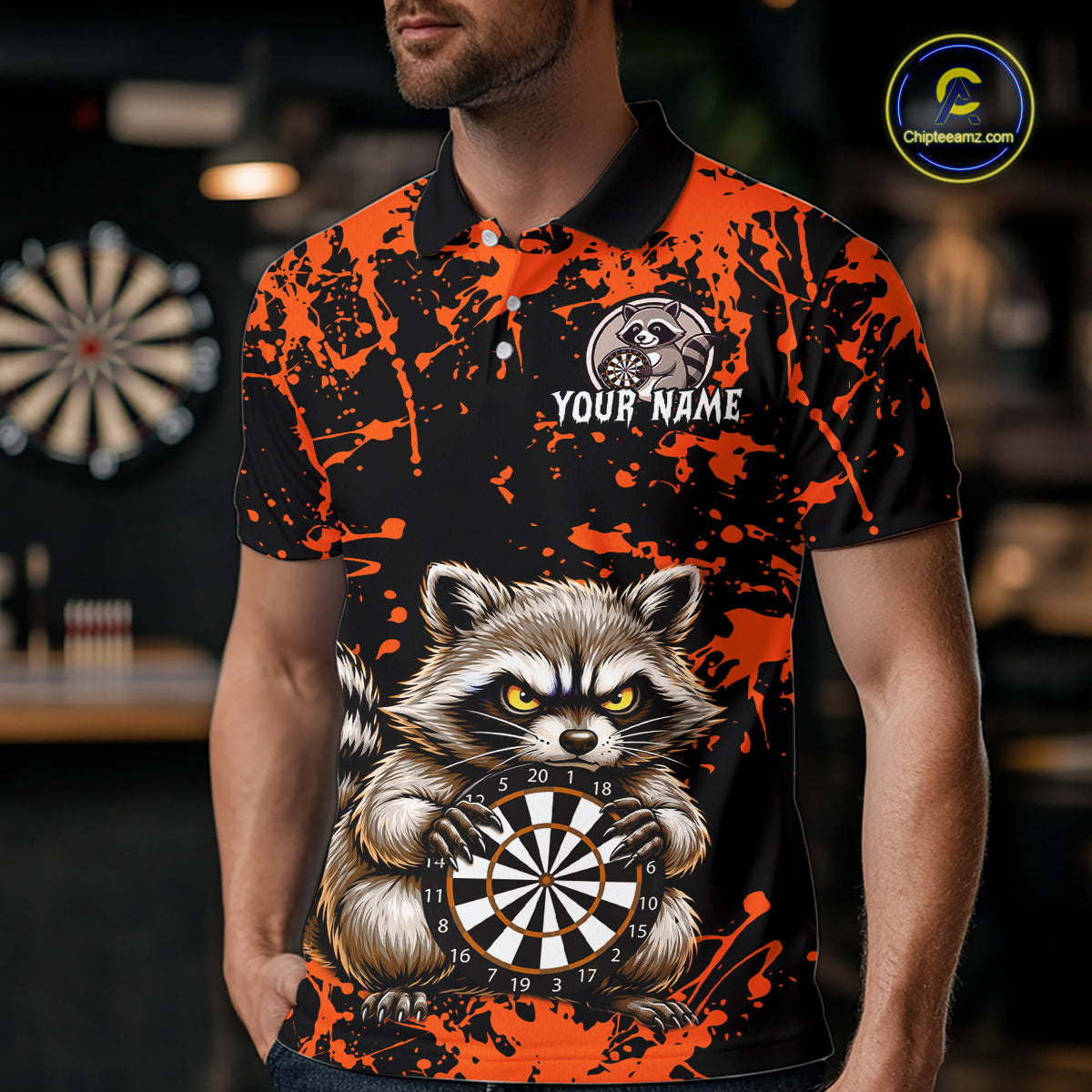 Custom Orange Raccoon Funny Dart Shirt Dart Team Jersey for Men Dartboard Polo & 1/4 Zip Shirts NNT170