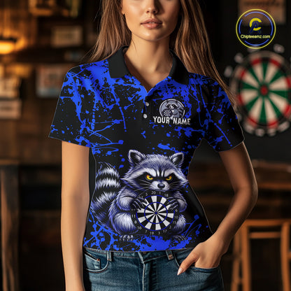 Custom Blue Raccoon Funny Dart Shirt Dart Team Jersey for Women Dartboard Polo & 1/4 Zip Shirts NNT170