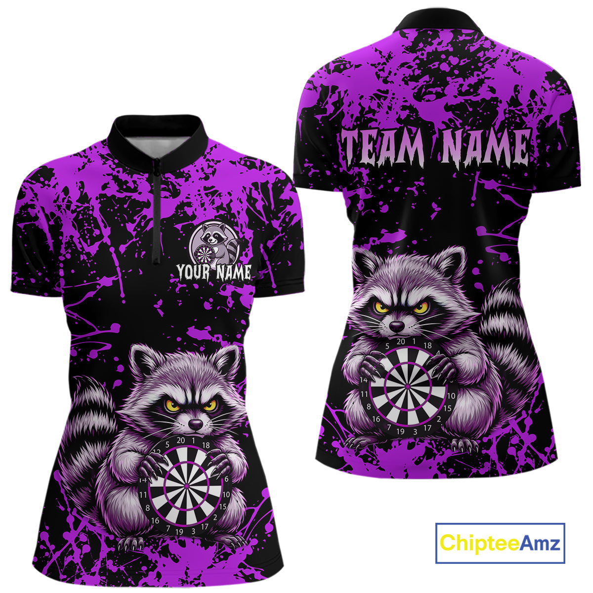 Custom Purple Raccoon Funny Dart Shirt Dart Team Jersey for Women Dartboard Polo & 1/4 Zip Shirts NNT170