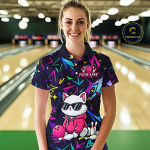 Load image into Gallery viewer, Woman wearing a black bowling polo with neon geometric patterns, custom team text, and a white cat mascot in sunglasses holding a pink bowling ball.