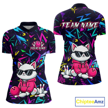 Front and back views of a black bowling quarter zip with neon geometric patterns, custom team text, and a white cat mascot in sunglasses holding a pink bowling ball.