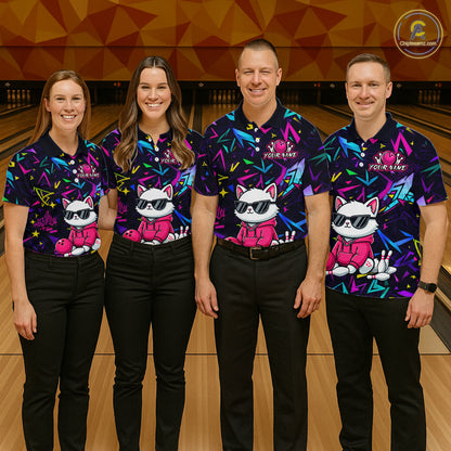 Four people wearing black bowling polo with neon geometric patterns, custom team text, and a white cat mascot in sunglasses holding a pink bowling ball.