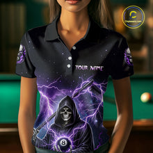 Load image into Gallery viewer, Person wearing a black billiards polo with purple lightning, a hooded grim reaper holding an 8-ball, and custom team and player name text.
