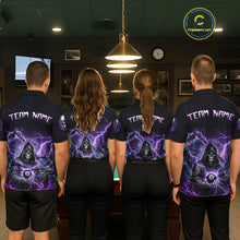 Load image into Gallery viewer, Four people wearing black billiards polo with purple lightning, a hooded grim reaper holding an 8-ball, and custom team and player name text.