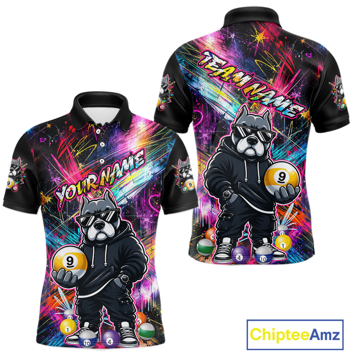 Front and back view personalized billiards polo shirt with a american bully dog holding a nine ball, integrated with colorful streaks and pool ball elements.