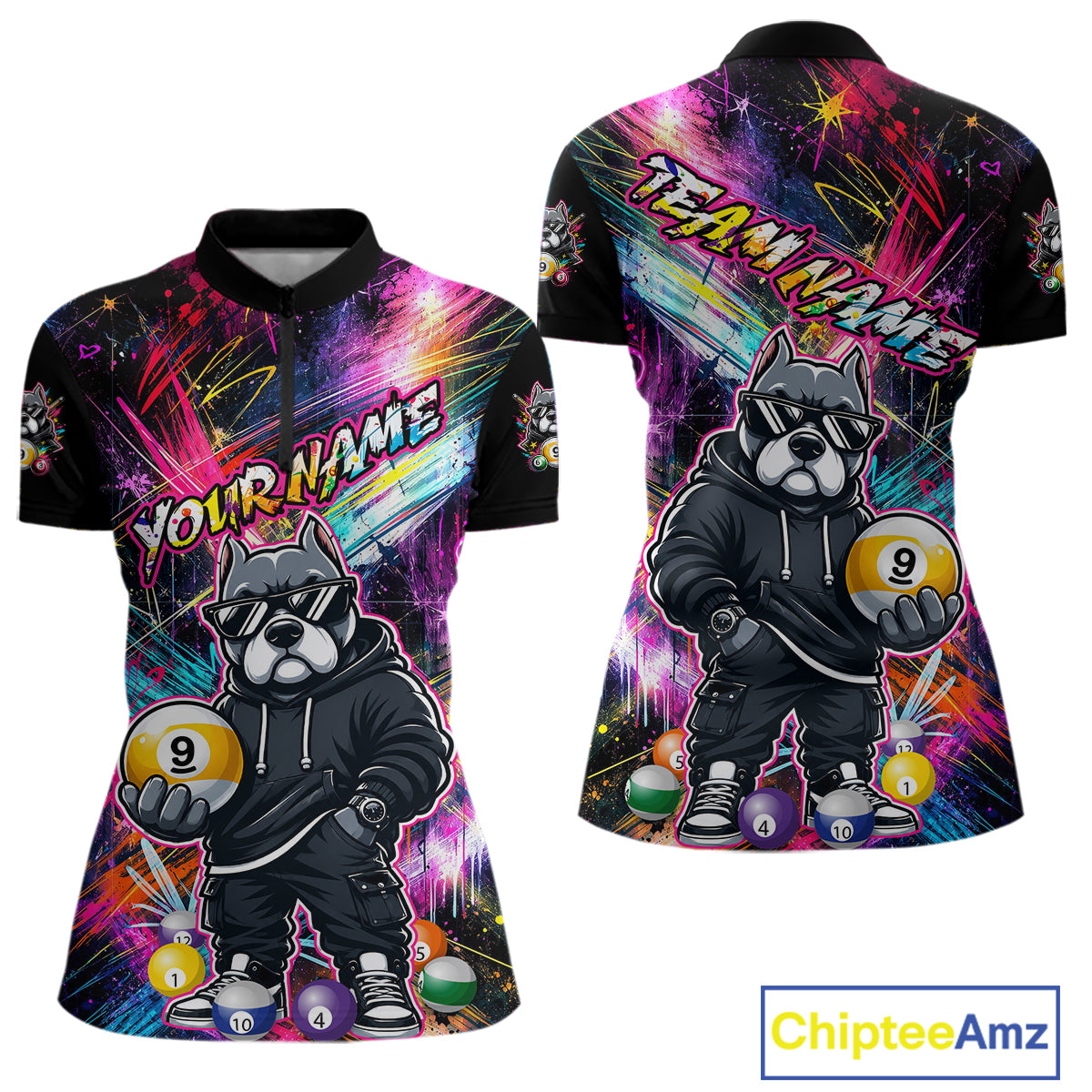 Front and back view personalized billiards quarter zip shirt with a american bully dog holding a nine ball, integrated with colorful streaks and pool ball elements.