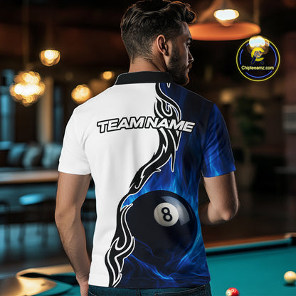 Custom Blue Flame 8 Ball Billiard Shirts for Men Billiard Team Shirts Billiard League Polo & 1/4 Zipper NNT88