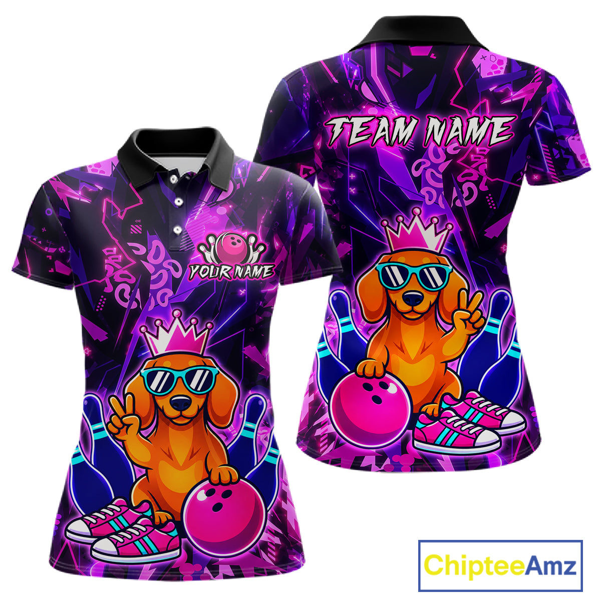 Front and back views of a black and purple bowling polo shirt featuring a cartoon dachshund wearing sunglasses and a crown, holding a pink bowling ball, with custom team and player name text.