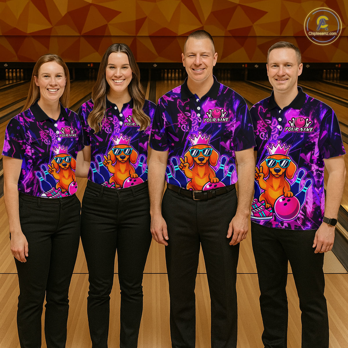 Four people wearing a black and purple bowling polo shirt featuring a cartoon dachshund wearing sunglasses and a crown, holding a pink bowling ball, with custom player name text.