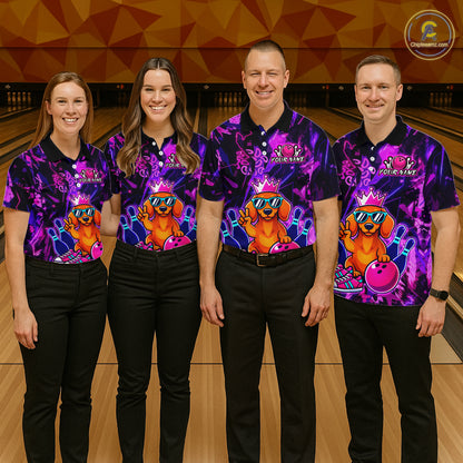 Four people wearing a black and purple bowling polo shirt featuring a cartoon dachshund wearing sunglasses and a crown, holding a pink bowling ball, with custom player name text.