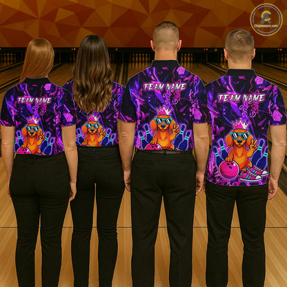Four people wearing a black and purple bowling polo shirt featuring a cartoon dachshund wearing sunglasses and a crown, holding a pink bowling ball, with custom team name text.