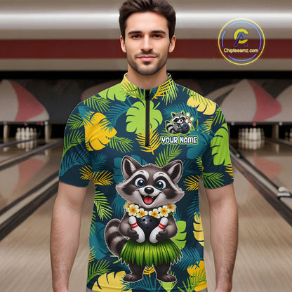 Man wearing a tropical bowling quarter zip featuring a smiling raccoon mascot in a grass skirt, leafy patterns, bowling pins, and custom your name text.