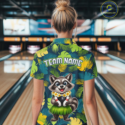 Woman wearing a tropical bowling polo featuring a smiling raccoon mascot in a grass skirt, leafy patterns, bowling pins, and custom team name text.