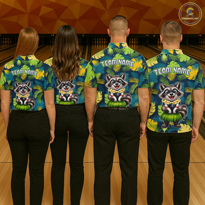 Four people wearing tropical bowling polo featuring a smiling raccoon mascot in a grass skirt, leafy patterns, bowling pins, and custom team name text.